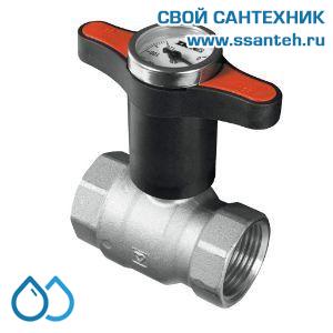 14629 HERZ 1220163 Кран шаровой красная ручка с термометром, DN25, PN25, 0...+120°C, Kvs 55 м3/час, никелированный